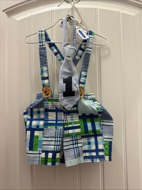 Mud Pie Baby Boy 12-18m First Birthday Plaid Suspender Shorts Cake Smash Set